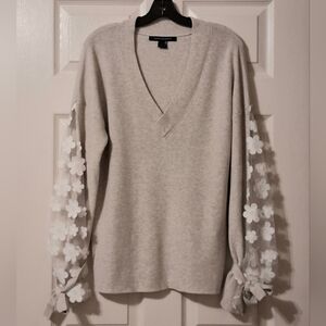 French Connection Large V Neck Long Sheer Floral White Sleeves Ties